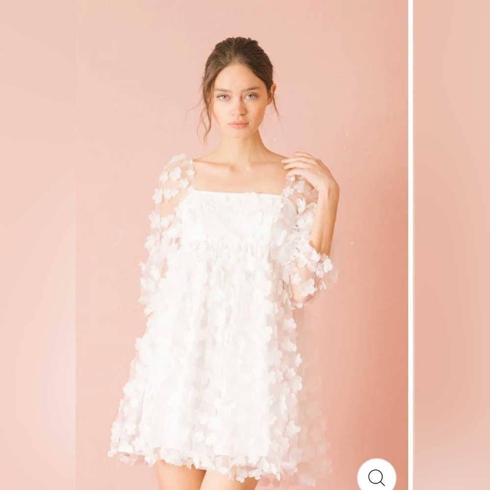 3D Floral White Appliqué Babydoll Dress